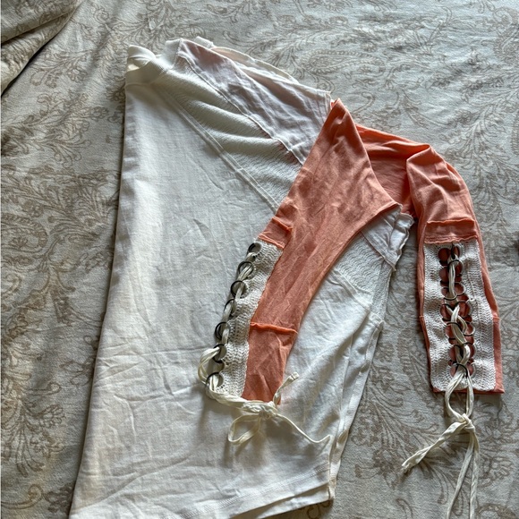 Free People White and Peach Lace-Up Long Sleeve Top - Picture 2 of 5